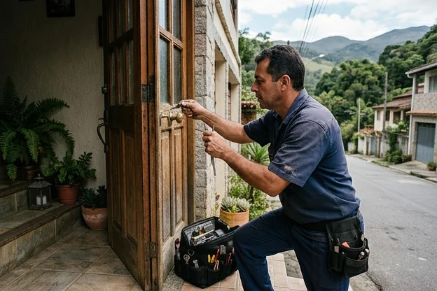 Chaveiro abrindo uma porta com sistema de pena em Teresópolis.